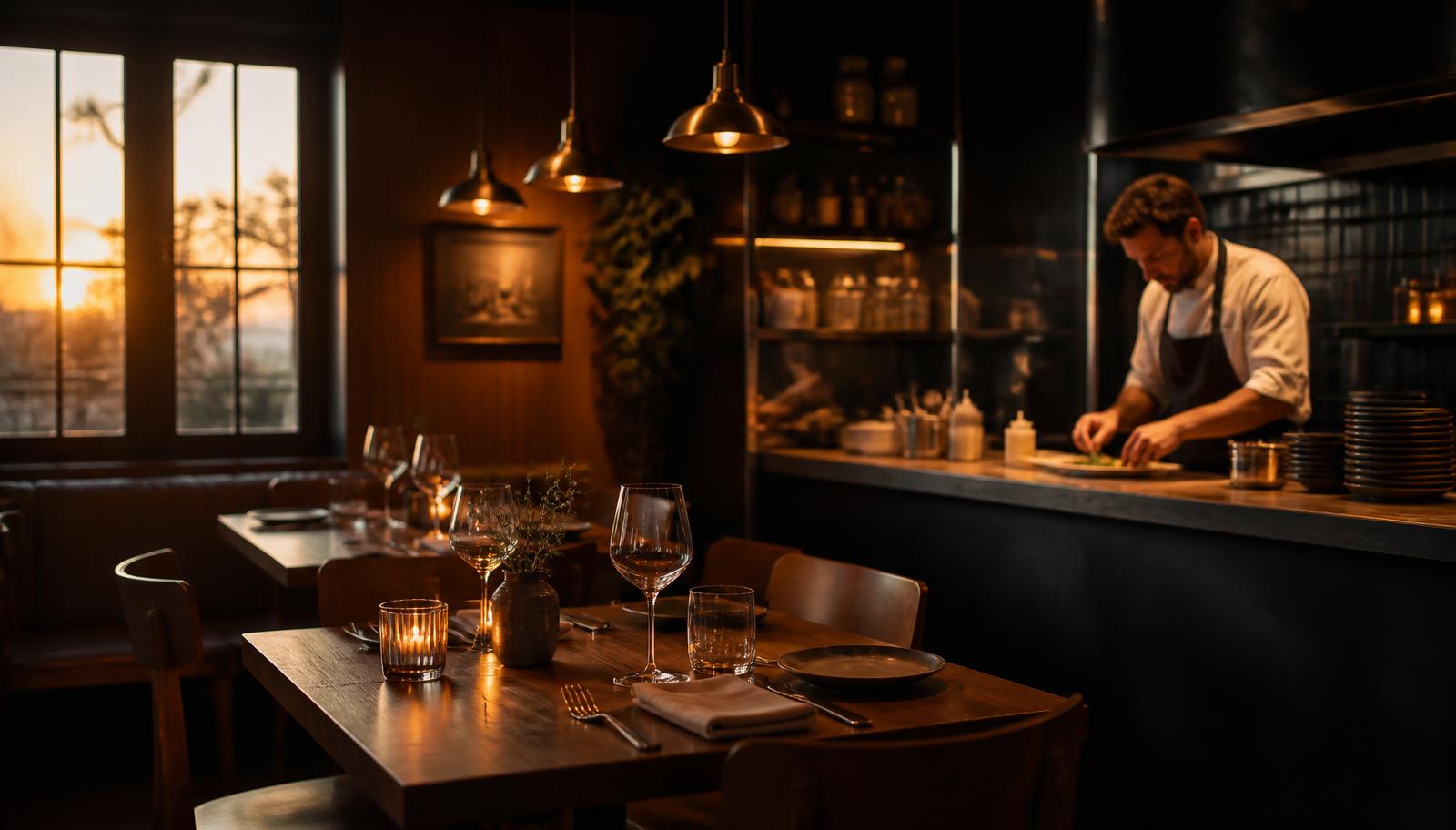 Candlelit restaurant dining room with a chef plating a dish at the pass